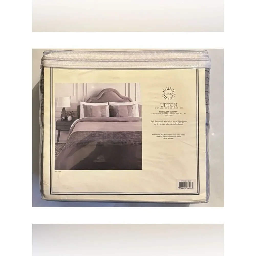 650$ New SURYA Upton Metallic Collection Linen Duvet Set Full/Queen